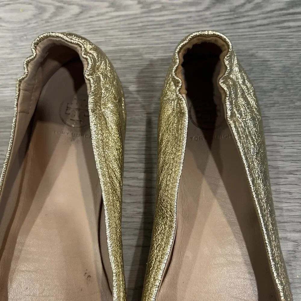 Tory Burch Gold Leather Logo Ballet Flats Womens US 9 M Round Toe Slip On